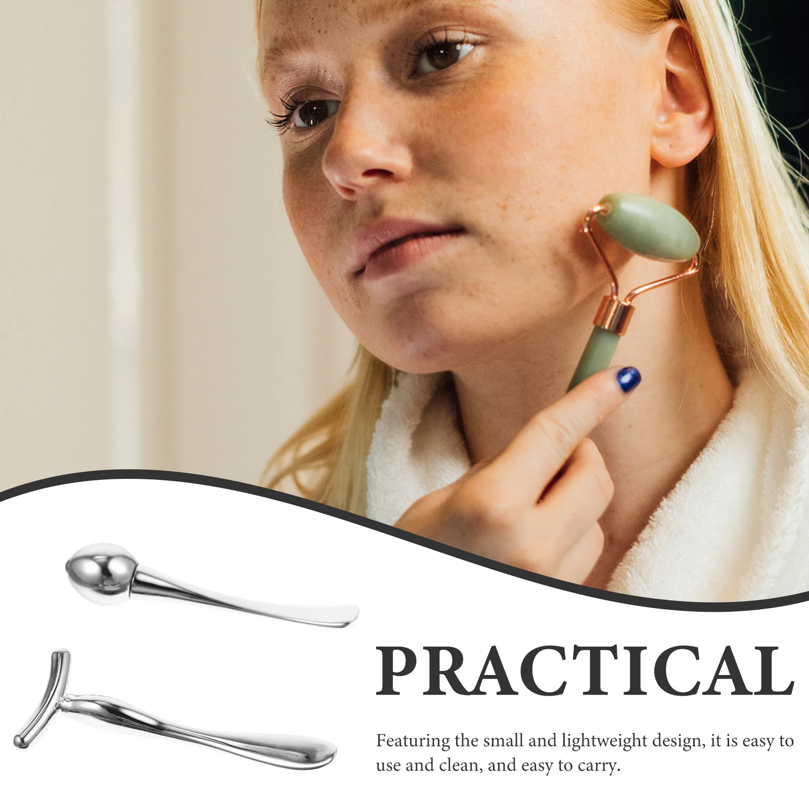 แท่งนวดตา 2 ชิ้น พร้อมลูกกลิ้งสองด้านและที่ทาแบบช้อน สำหรับลดถุงใต้ตา บรรเทาอาการเหนื่อยล้า สำหรับผู้หญิง ใช้ในชุดดูแลความงาม