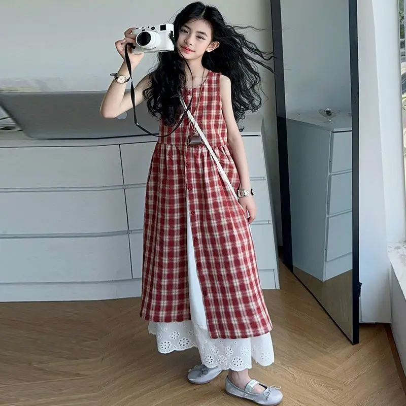 Two-piece Set Girls' Korean Fashion Vacation Style Dress Girls' Summer New Style Plaid Sleeveless Half Skirt