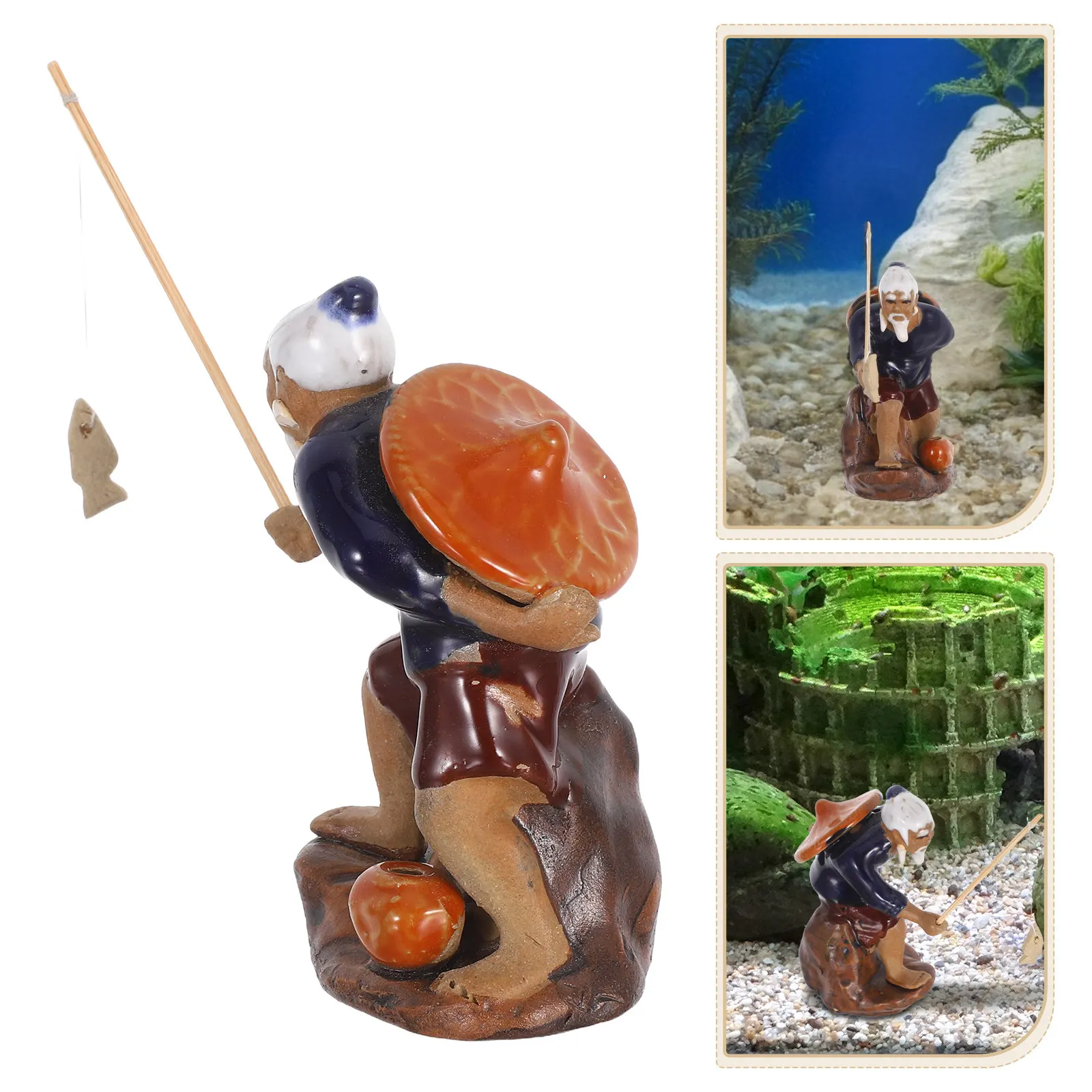 2Pcs Sitting Fisherman Statue Ceramic Micro Landscape Ornament for Desktop Aquarium Zen Garden Bonsai Fairy Garden Sand Table