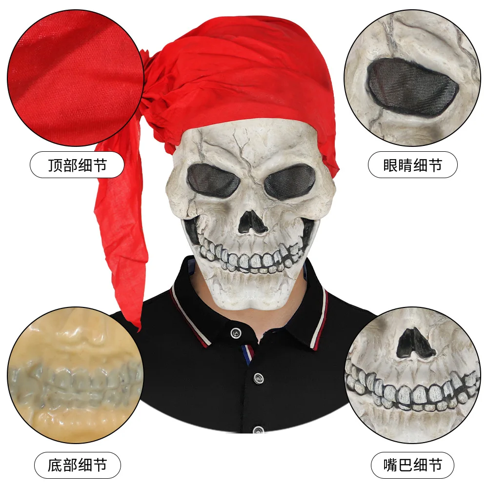 Halloween Skelett-Kopfmaske mit Rotem Kopftuch, Realistische Geister-Piraten-Maske, Geister-Piraten-Cosplay-Kostüm – Detail 4