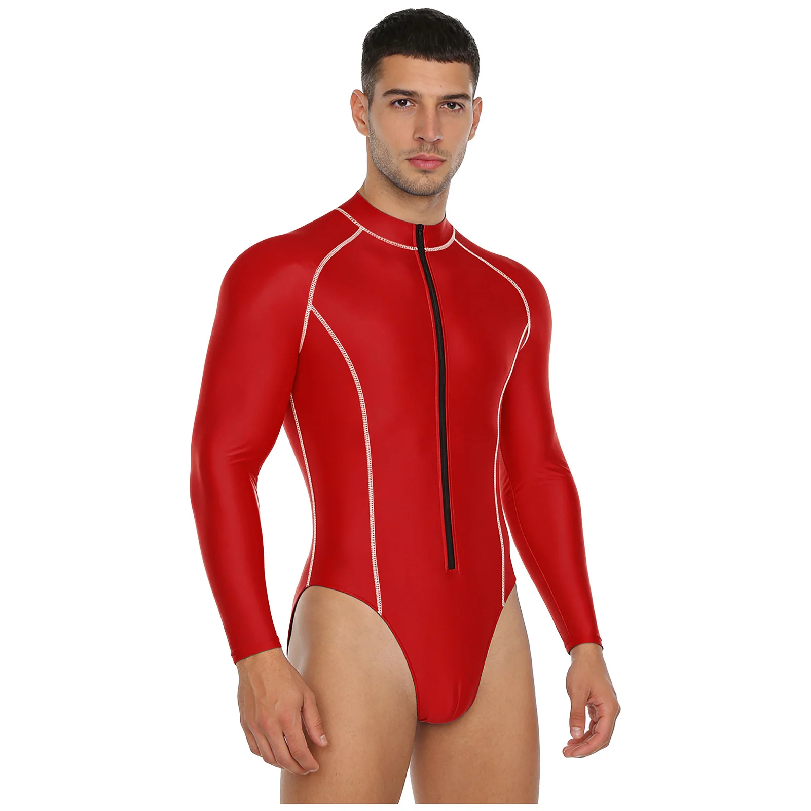 Mens Swimwear Glossy Bodysuit Swimsuits Long Sleeve Zipper Leotard Jumpsuit Rash Guard for Beach Surfing Swimming Workout