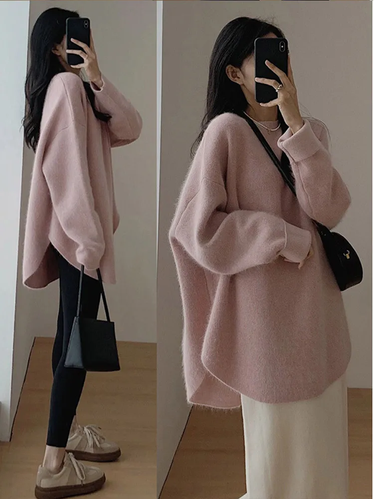 2023 Autum Warm Soft Fashion Long Sleeve Lady Knitwear Casual Loose Knit Pullover Women Solid O-neck Fluffy Sweater Female