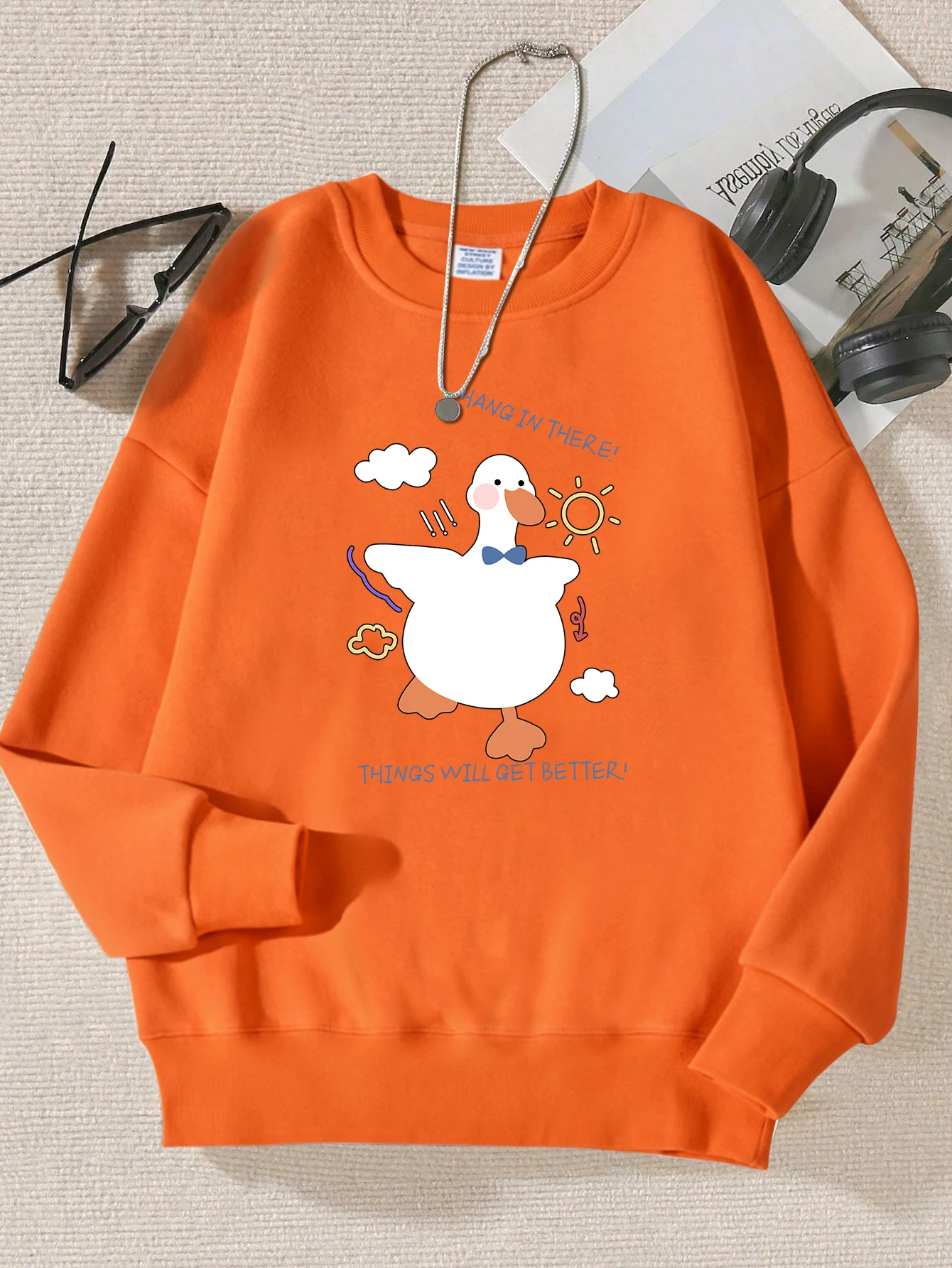 Happy Running Ducks Cartoon Prints Sweatshirt Women Autumn Fleece Sportswear Simple Hip Hop Tops Street Unisex Crewneck Pullover