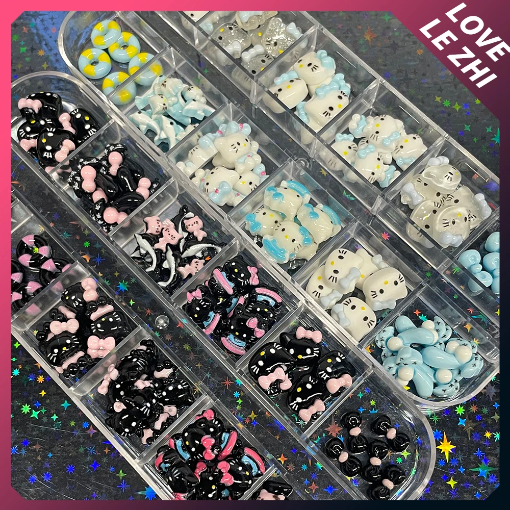 60Pcs Resin Hawaiian Black Skin Kt Cat Nail Art Charm Mixed Dolphin Bowknot Swim Ring Manicure Crafts Party Diy Accessories