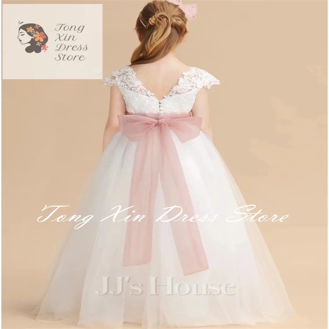 White Flower Girl Dresses Tulle Appliques With Pink Bow Ribbon Sleeveless For Wedding Birthday Party Banquet Princess Gowns