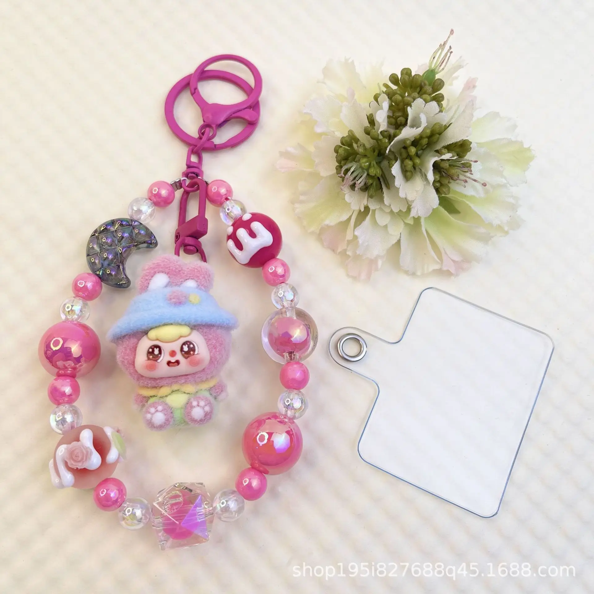 1PCSNew القمر آذان أرنب الملونة سلسلة من الخرز الهاتف المحمول المفاتيح المفاتيح دمية ملحق المفاتيح #1