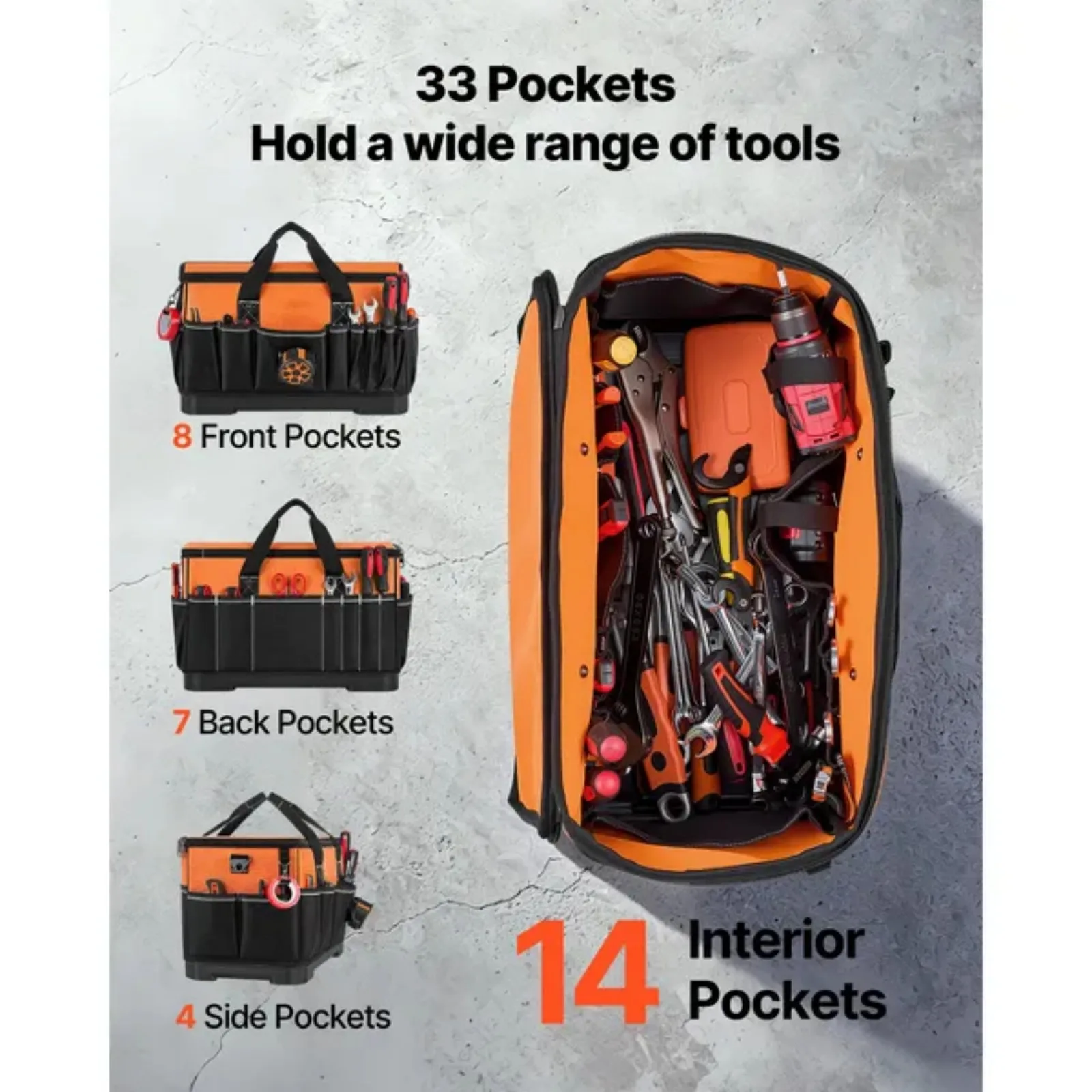 Tool Bag, 19.1 Inch, 33-Pocket Portable Large Tool Box Organizer Storage, Toolbox with Water-Resistant Base, Zipper, Adjustable Shoulder Strap Toolbag, for Men Women Dad Husband Fathers Day
