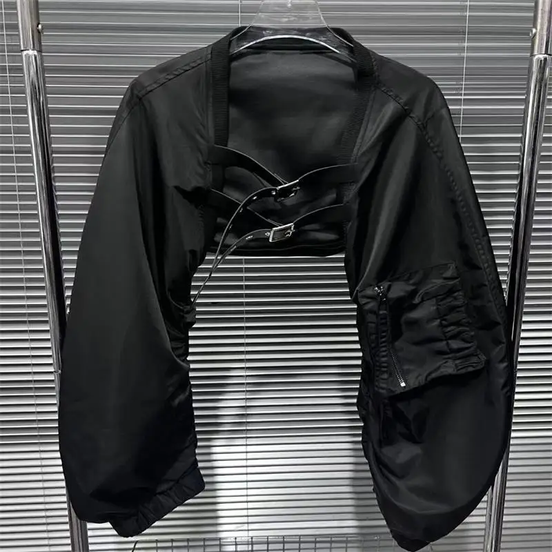 

Осенний новый нишевый дизайн, черный жилет на плечо, женский кожаный жилет в стиле летного самолета, укороченный круглый вырез, новинка