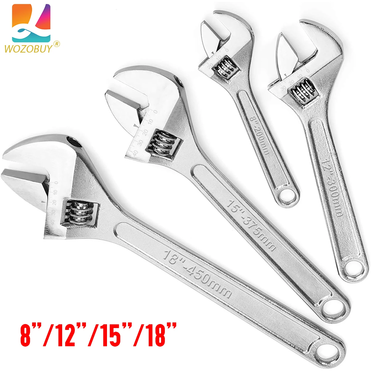 WOZOBUY Adjustable Wrench  Crafted From CR-V Steel, Polished Heads, Chrome Plated CRV Material, Wide Opening Jaws