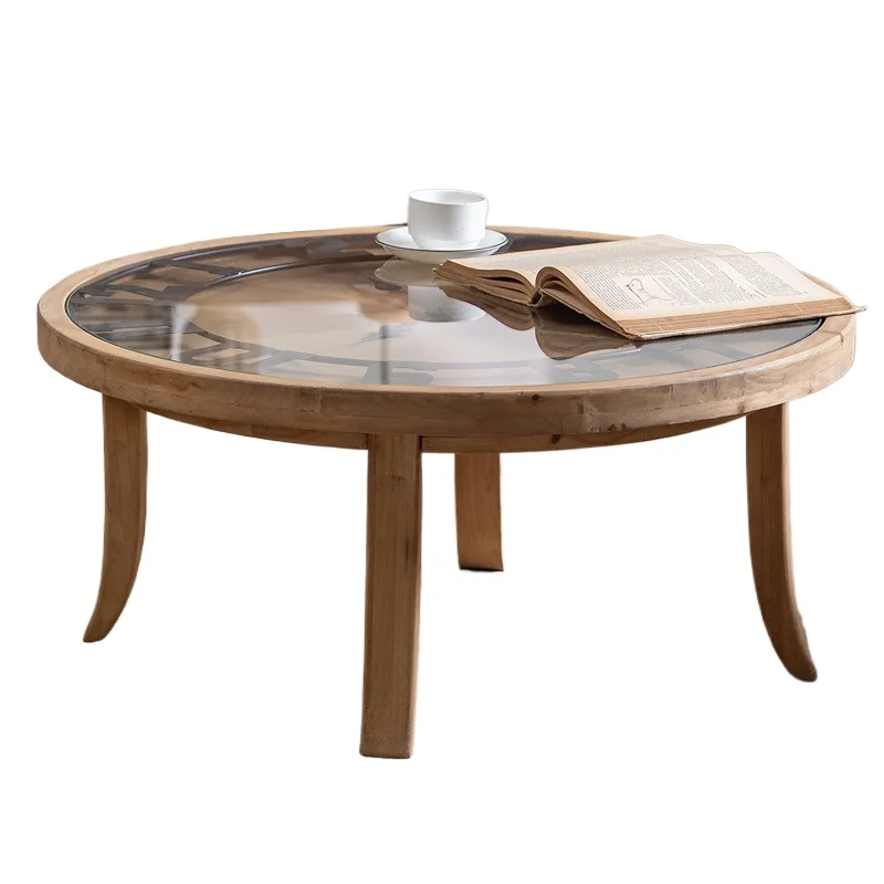 

Solid Wood Decorative Round Coffee Table Small Apartment Family Living Room Tea Room Clock Creative Tea Table