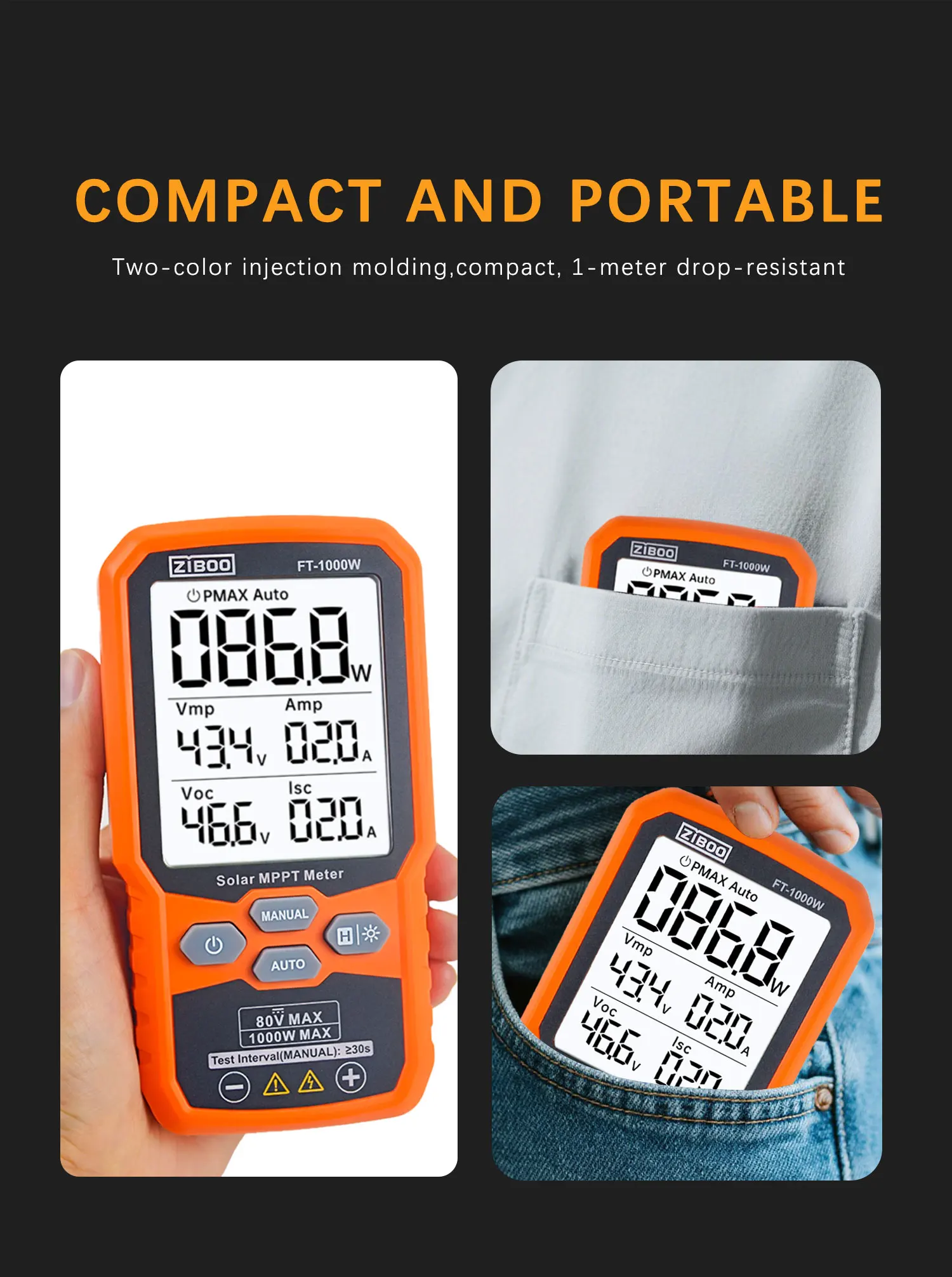 ZIBOO Solar MPPT Meter Photovoltaik Multimeter, PV Modul FT-1000W MAX Power Tester, Offene Stromversorgung Spannung Kurzschluss Strom – Detail 4