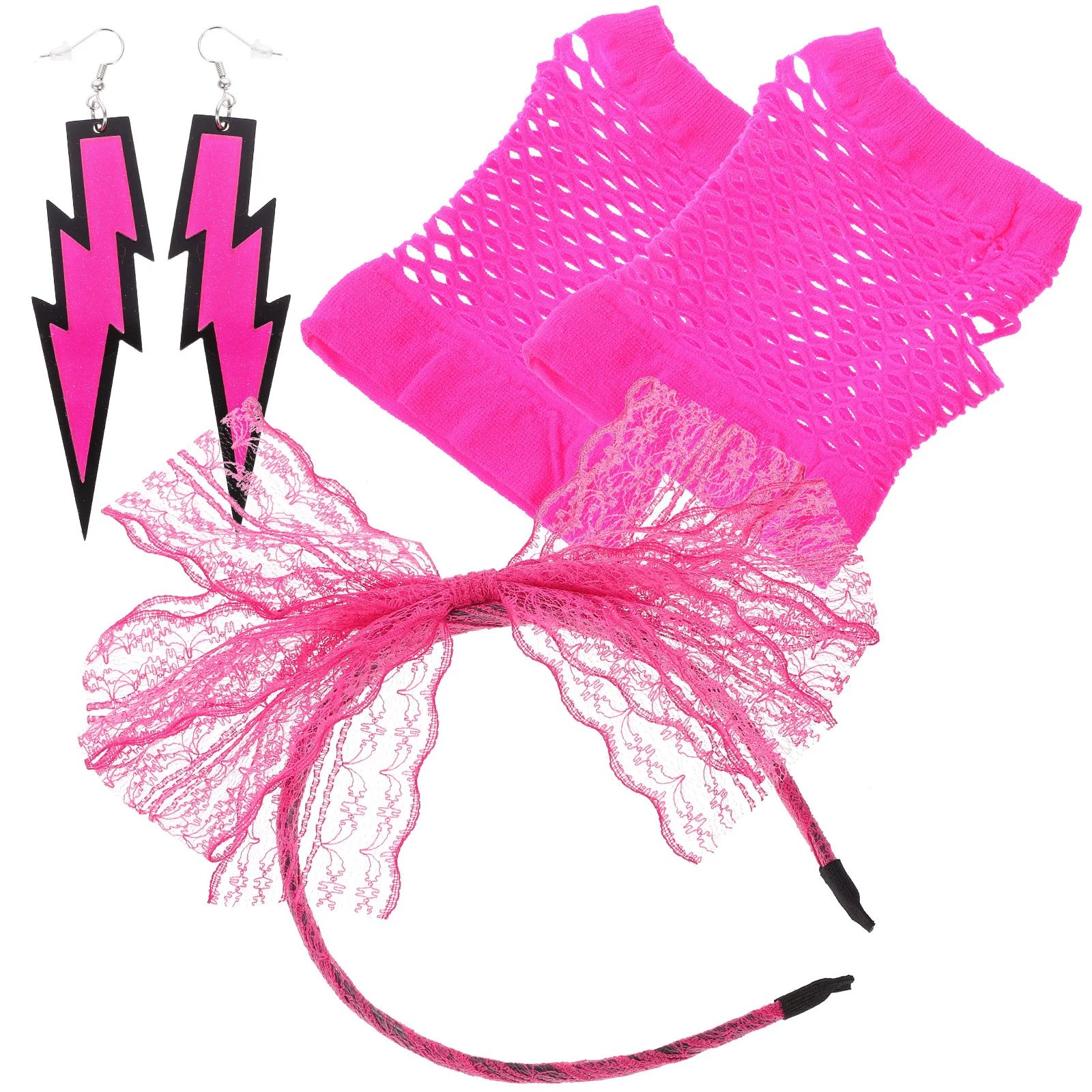 ที่คาดผมลูกไม้ ถุงมือตาข่าย ต่างหูนีออน ชุดปาร์ตี้ยุค 80 ของตกแต่งผู้หญิง กำไลสีชมพู ที่บังแดด สไตล์เรโทร กอธ