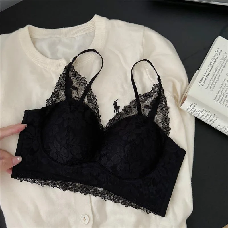 Europäische französische Spitzen-Bralette, kleine Büste, Push-Up, Anti-Durchhängen, Komfort-BHs für Frauen, Spitzenrücken, dünner Stil, elegante Alltagskleidung