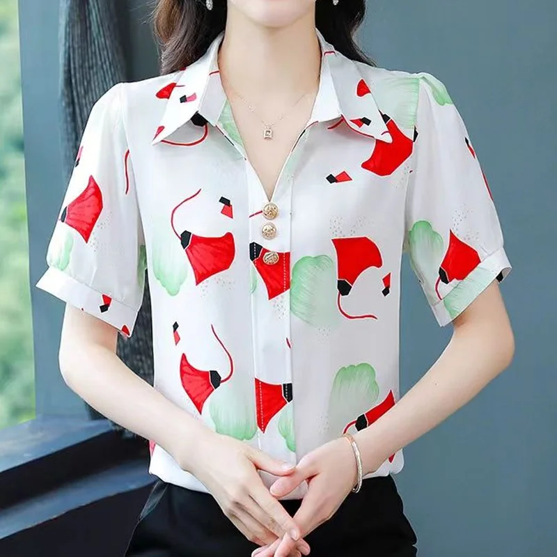 Odzież damska Polo Neck Printing Loose Blouse Summer New Short Sleeve Button All-match Temperament Shirt Tops Casual Vintage