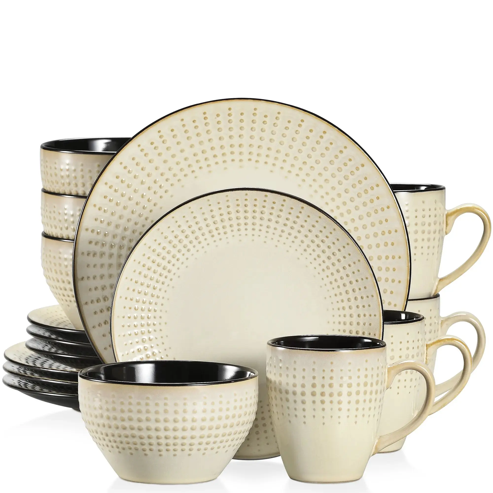 VANCASSO GUTO 16/32/48 Piece Beige Embossed Stoneware Tableware Set with Dinner/Dessert Plate/Soup Bowl/Mug Service for 4/8/12