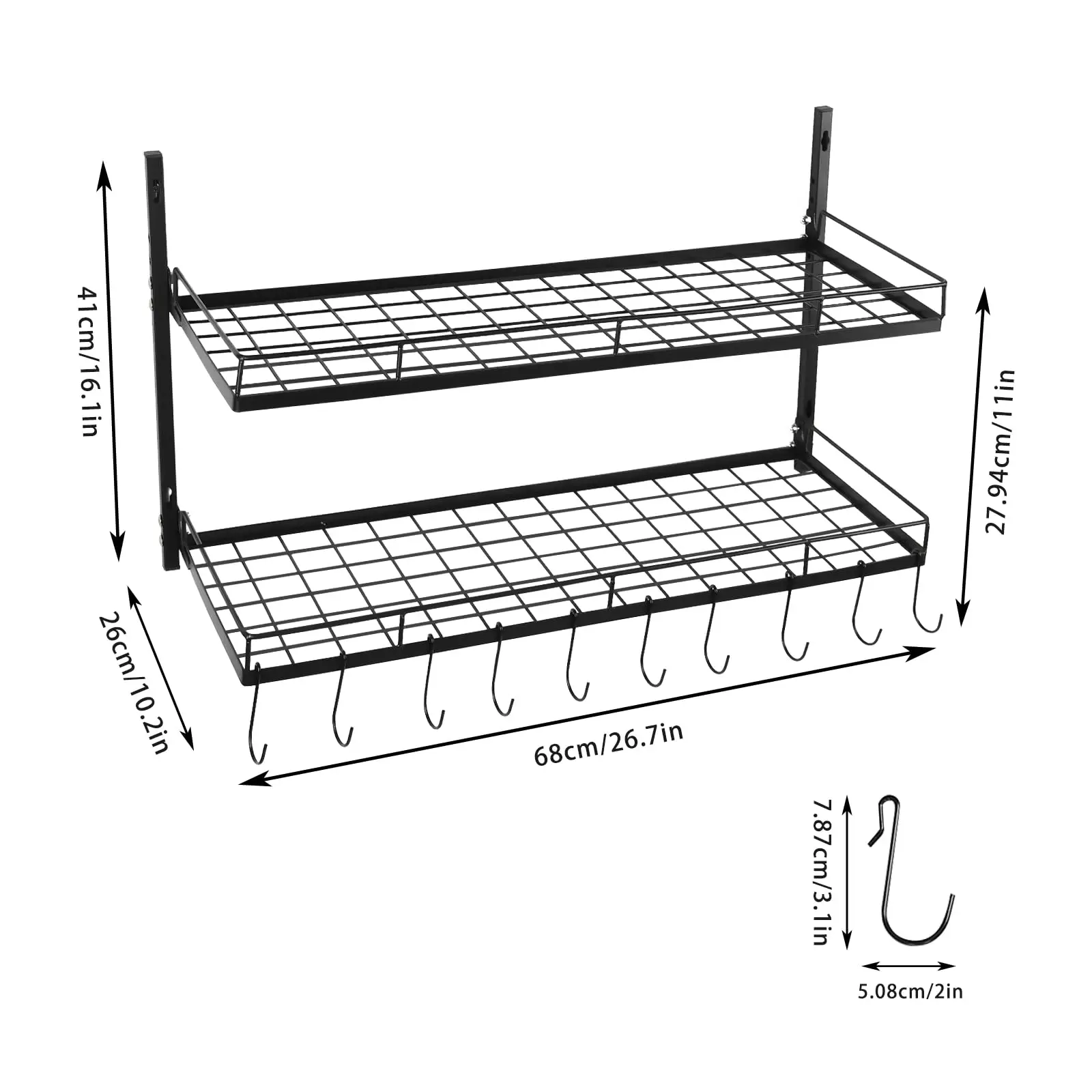 حامل وعاء معلق من طبقتين من TFCFL مثبت على الحائط، رف معلق بمقاس 26.7 بوصة مع 10 خطافات، وعاء ومقلاة قابلة للتعديل شديدة التحمل