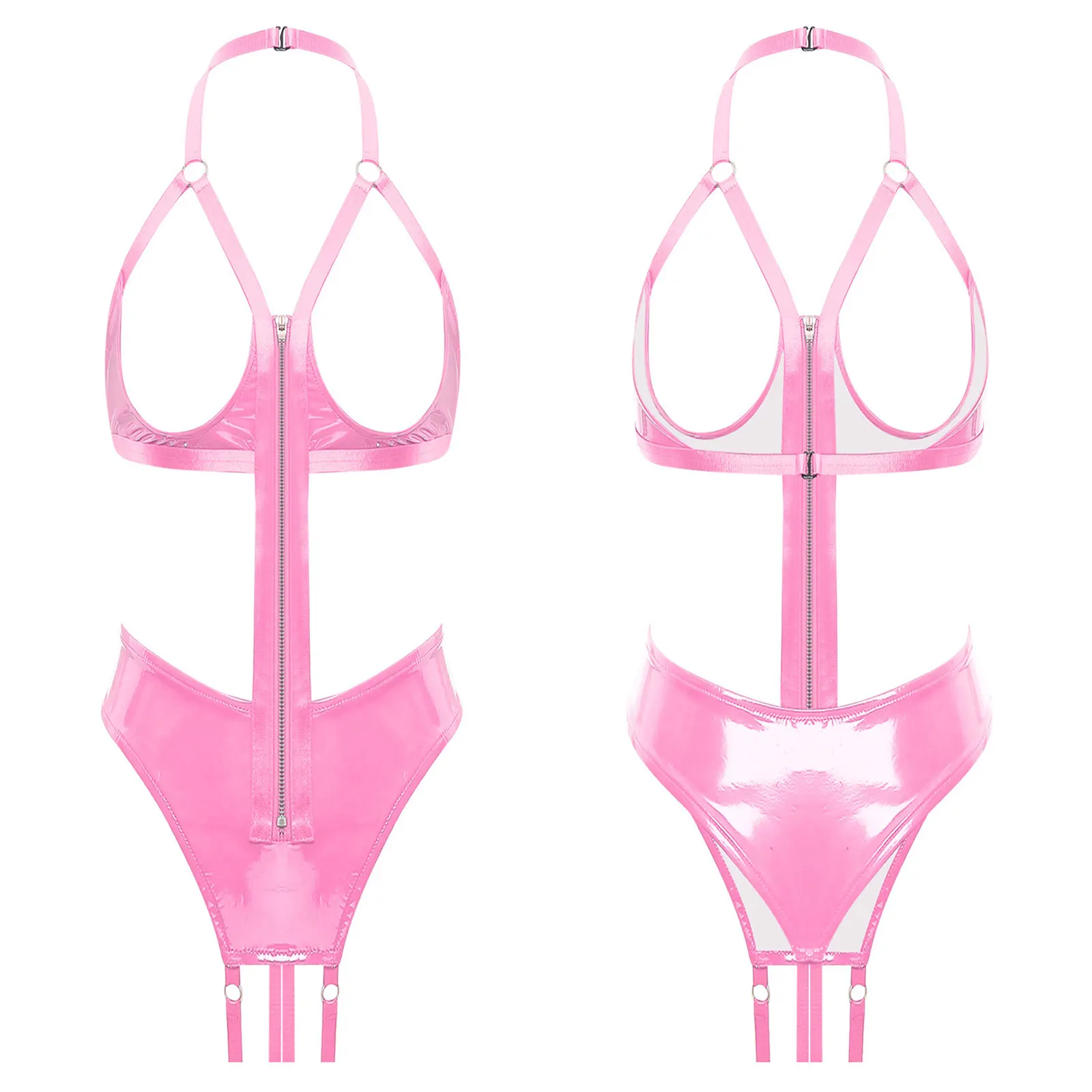 

Women Sexy Lingerie Patent Leather Hollow Out Crotch Bodysuits Wet Look Cutout Halter Thongs Naughty Romper Rave Nightclub Wear