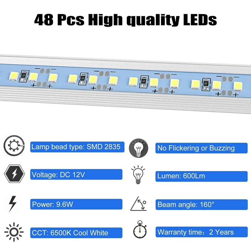 12V Interieur LED-lichtbalk 48 Leds Stripverlichting met schakelaar en magneten 6500K Wit licht voor auto Van RV met US-stekker