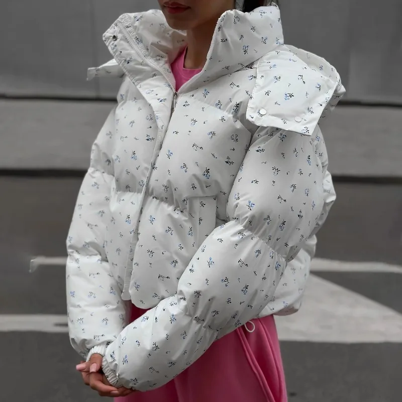 クロスボーダーパン服花柄巾着フード付き取り外し可能な綿パッド入りハイエンドファッション多用途ジャケット女性用