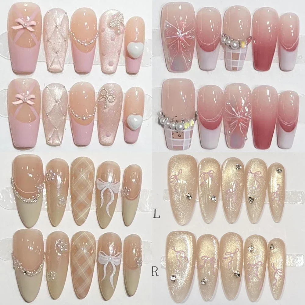 

10Pcs Elegant Medium-Long Coffin Almond Handmade Press On Nails Cat Eyes Diamond Bow Pearl Wearable Full Cover False Nail Tips