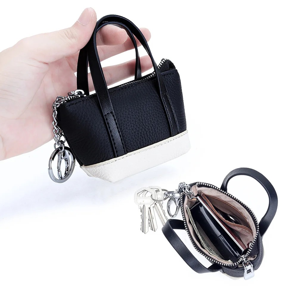 Fashion Color Block Women's Genuine Leather Mini Keychain Coin Purse Lipstick Storage Pouch Brand Coin Purse for Lipstick & Keys