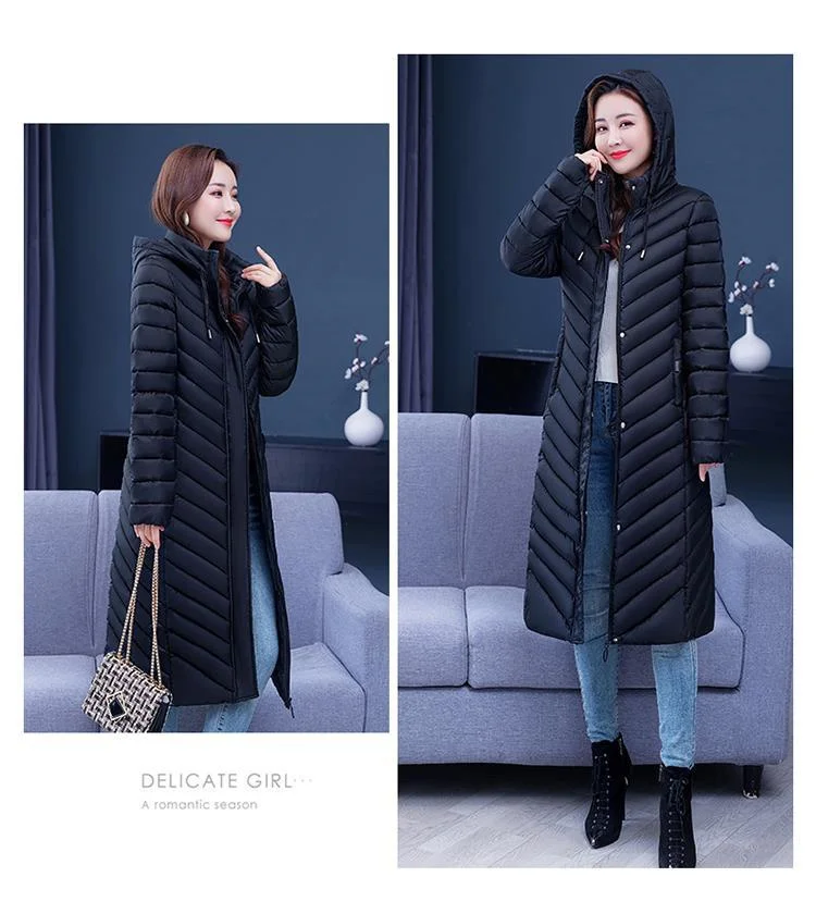 NEW Middle-aged Womens Down Cotton Coat Winter Long Warm Quilted Cotton Jacket Female Casual Hooded Parka Overcoat Purple 5XL