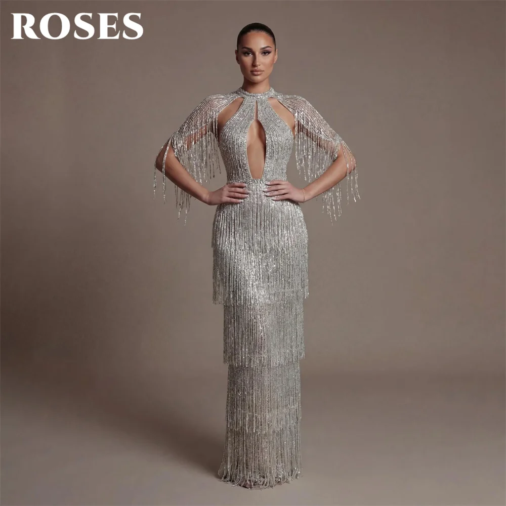 

ROSES Sliver Sequin Party Dresses Off the Shoulder Evening Dress with Layered Tassel فساتين السهرة Wrap Hips Cut Out Customized