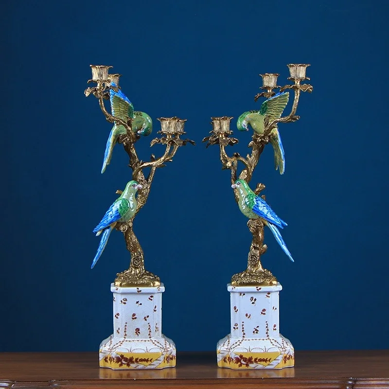 

Home Decor Luxury Parrot Candlesticks Porcelain Bird Brass Candle Holder Long Ceramic Candle Stand