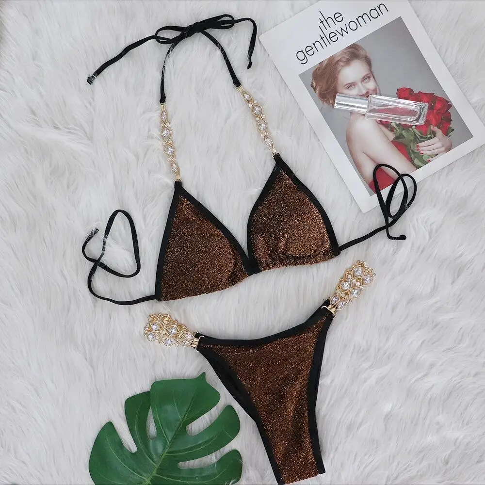 New Shiny Sequins Rhinestone Diamond Bikini Women Swimwear Female Swimsuit Two Pieces Bikini set Halter Bather Bathing Suit Swim