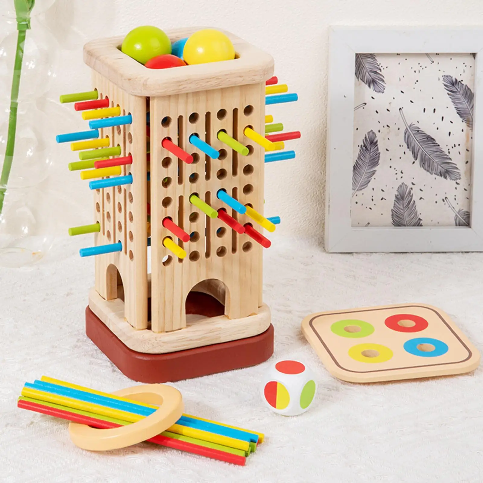 Juguete educativo de matemáticas Montessori para niños, juego de torre de palo de madera con palos, dados, palo de desarrollo de habilidades motoras