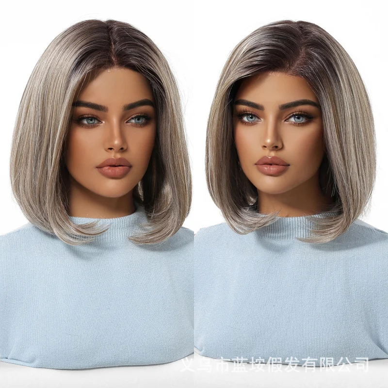 Imported silk , can be freely parted, realistic and natural, gradient gray bob wig for women, full head cover