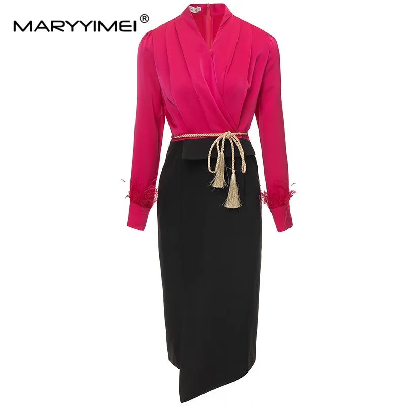 

MARYYIMEI New Fashion Runway Designer Women's V-Neck Feathered Long Sleeve Waist Drawstring Patchwork Commuter Slit Slim Dress