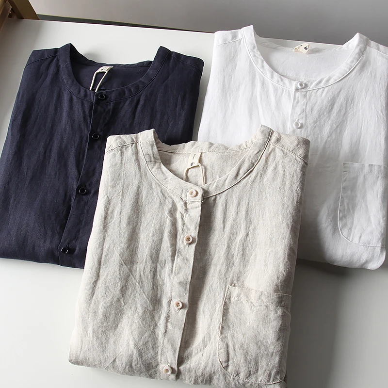 

l Air Conditioning 00% Linen Summer Men's Thin Breathable Comfortable Chinese Sle Stand Collar ort Sve irt