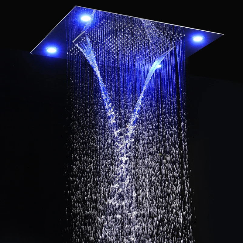 hm High Quality Black Shower Set 24Inch Ceiling LED Shower Head System Rain Waterfall Thermostatic Mixer Bath 5Functions Faucets