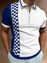 New Men's Zipper Polo Retro Royal Blue Mesh 3D Printed Retro Men's Short Sleeve Plus Size Street Summer Zipper Polo Shirt