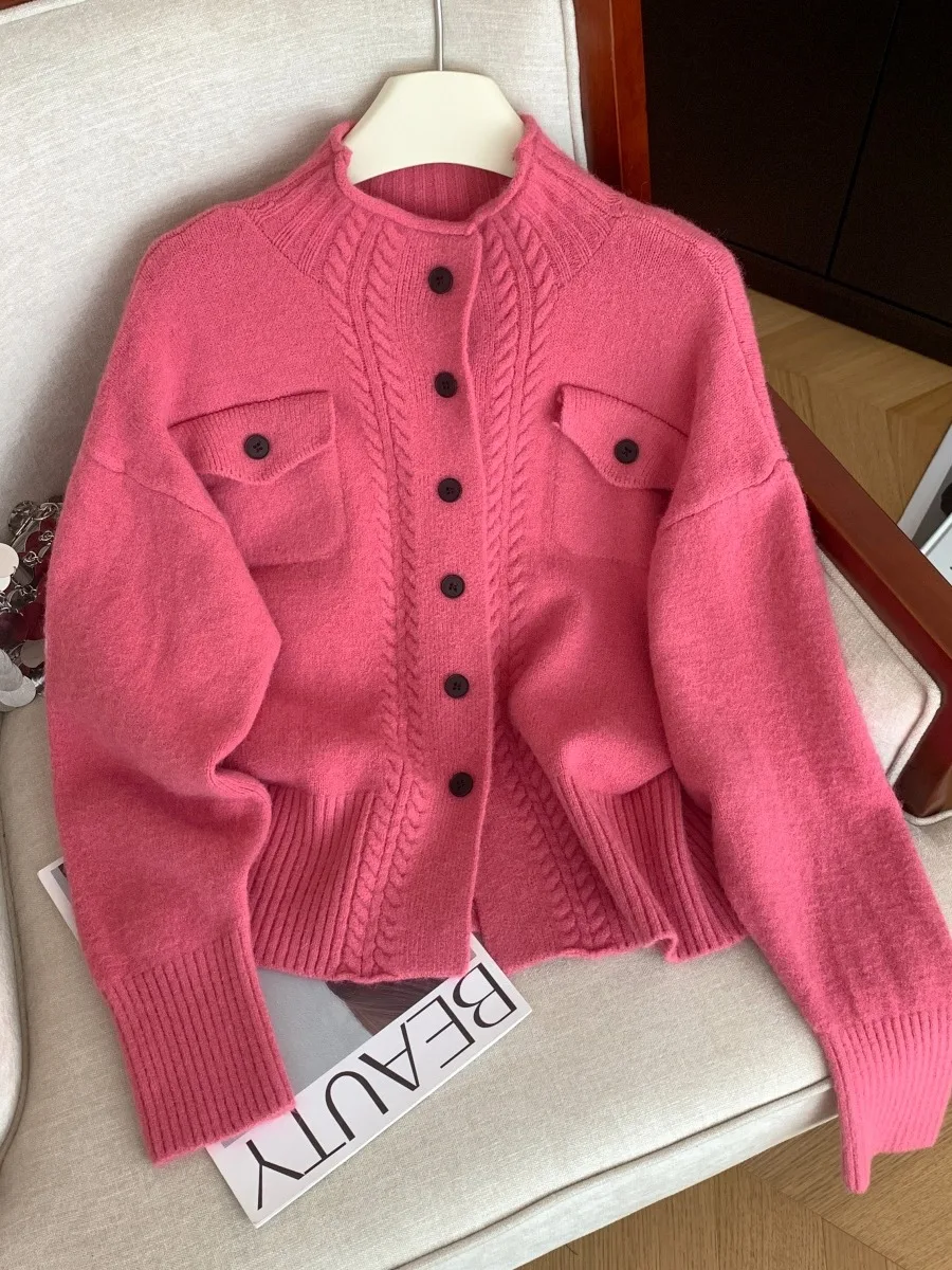 

Новый мягкий удобный свитер с воротником-стойкой, кардиган, женский простой однобортный кардиган, пальто, осенняя однотонная вязаная верхняя одежда