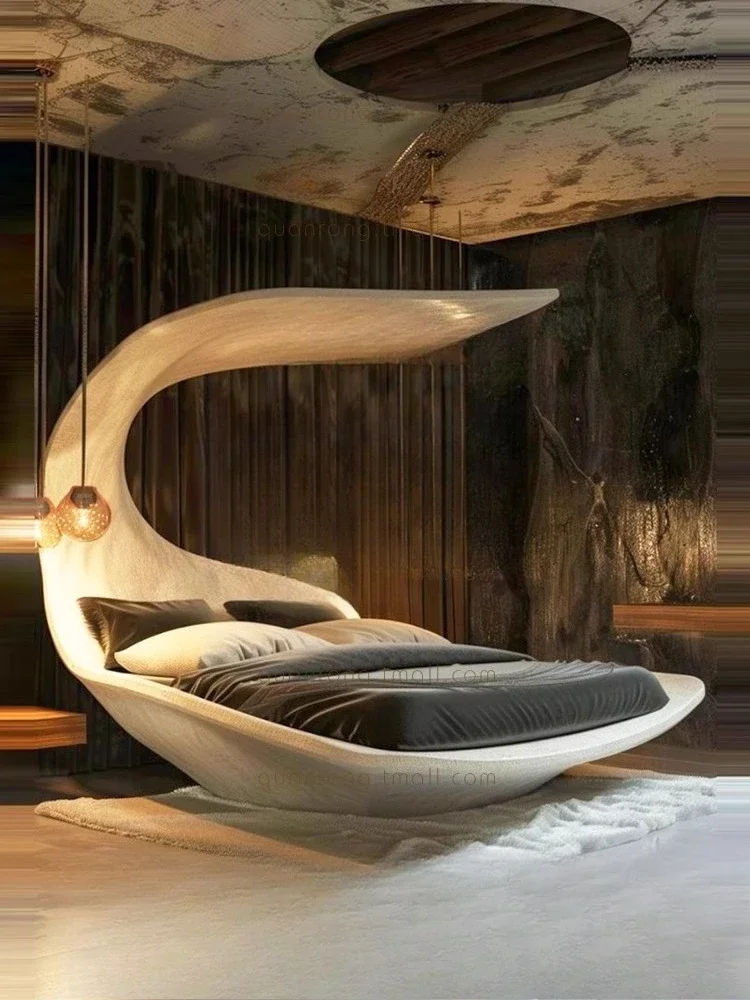 Cama doble de arte científico y tecnológico, dormitorio principal de lujo ligero, cama de dormitorio principal con tapa de arco