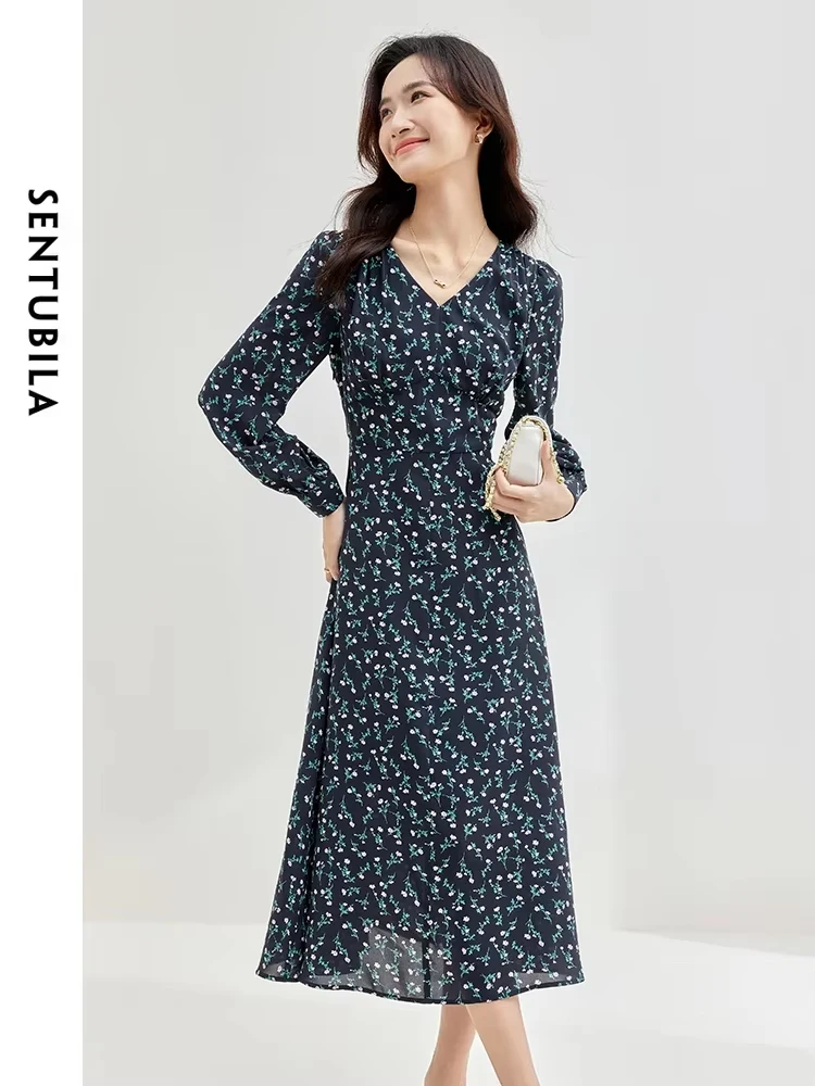 Sentubila elegante abito floreale donna 2024 primavera nuova moda manica lunga scollo a v vita alta Midi abiti scorrevoli femminile Q33L52327