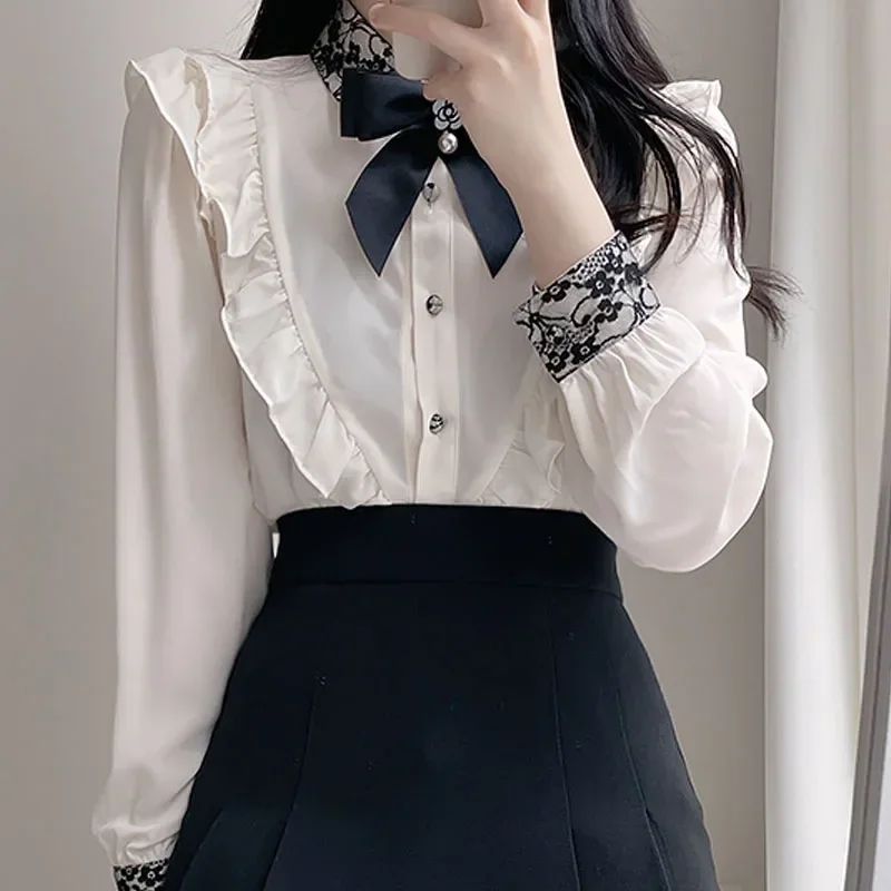 Casual Bow Collar Women Shirt Long Sleeve Ruffles Chiffon Shirt Blouse Women Tops Blouses Shirts Blusas Para Mujer Camisas M116