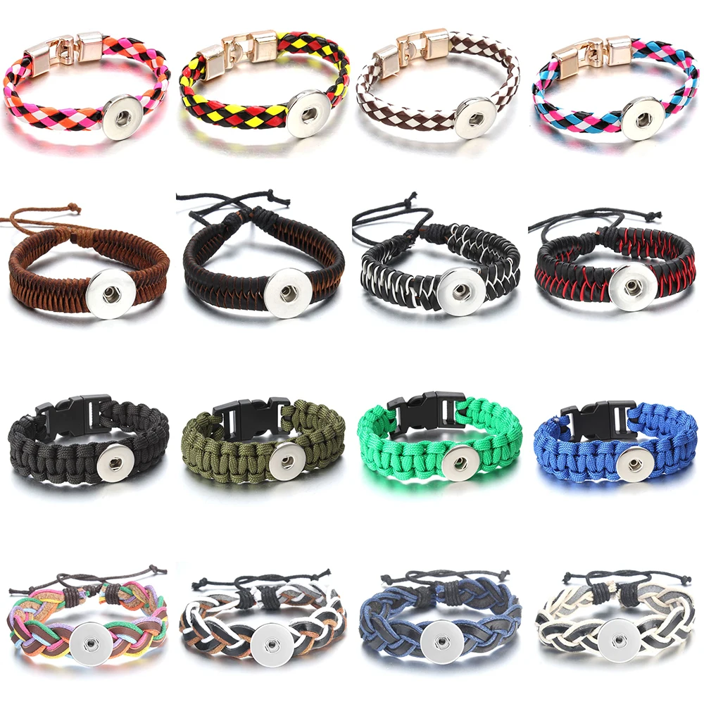 Hot Fashion Trendy Charm Braided Bracelet 18MM Snap Button Leather Bracelet Woven Rope Handmade Jewelry For Men Women