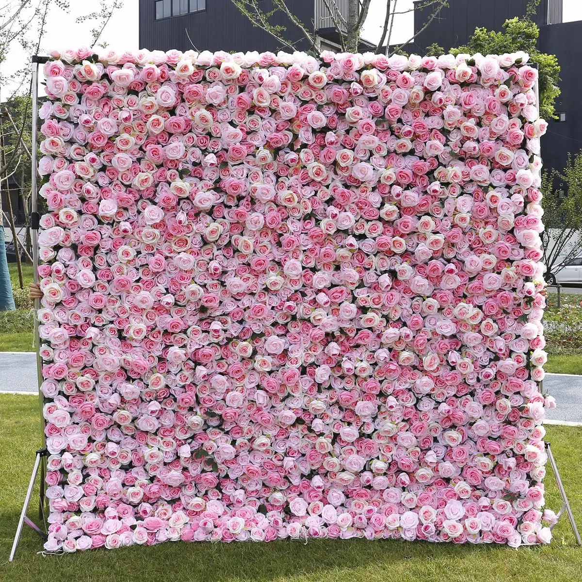 3D Pink-white roses Flower Wall, Artificial Rose Fabric Floral Wall, Outdoor Party Wedding Backdrop Decor, Window Display