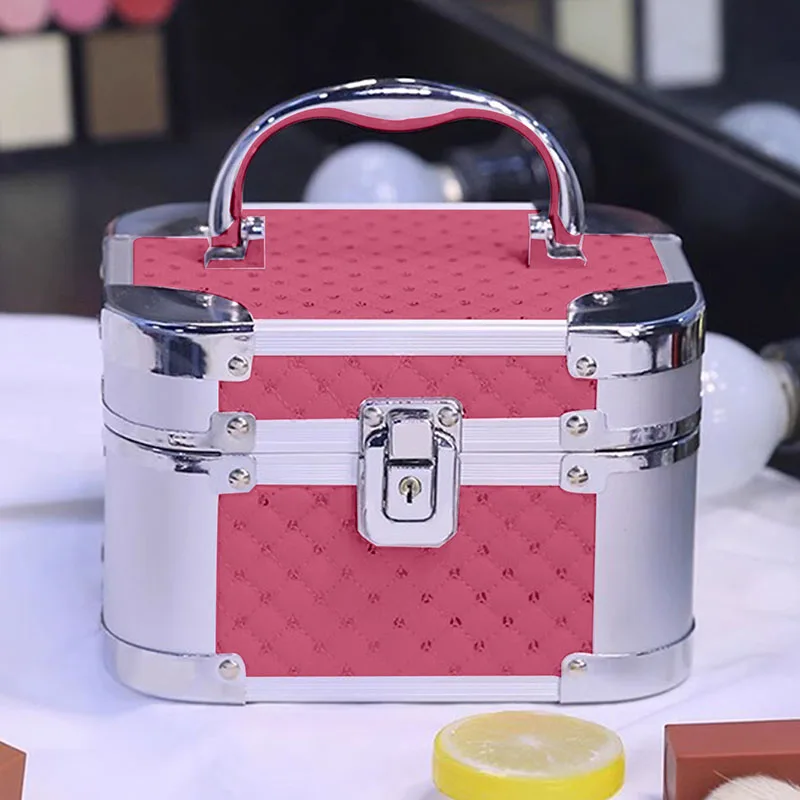 Mini Aluminium Alloy Travel Makeup Case With Lock Portable Cosmetology Nail Enhancement Toolbox Makeup Box Mirror Cosmetic Bag