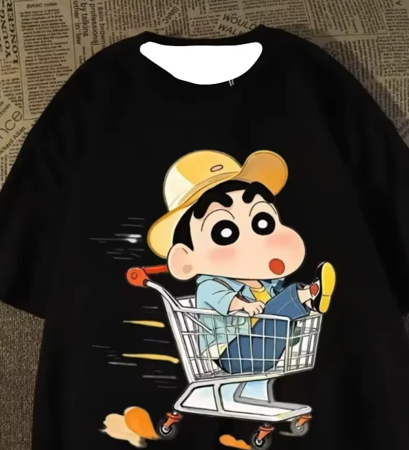 Cute Crayon Shinchan Supermarket Cart Print T-Shirt Loose Fit Cotton Tee Japanese Anime Casual Daily Wear Top