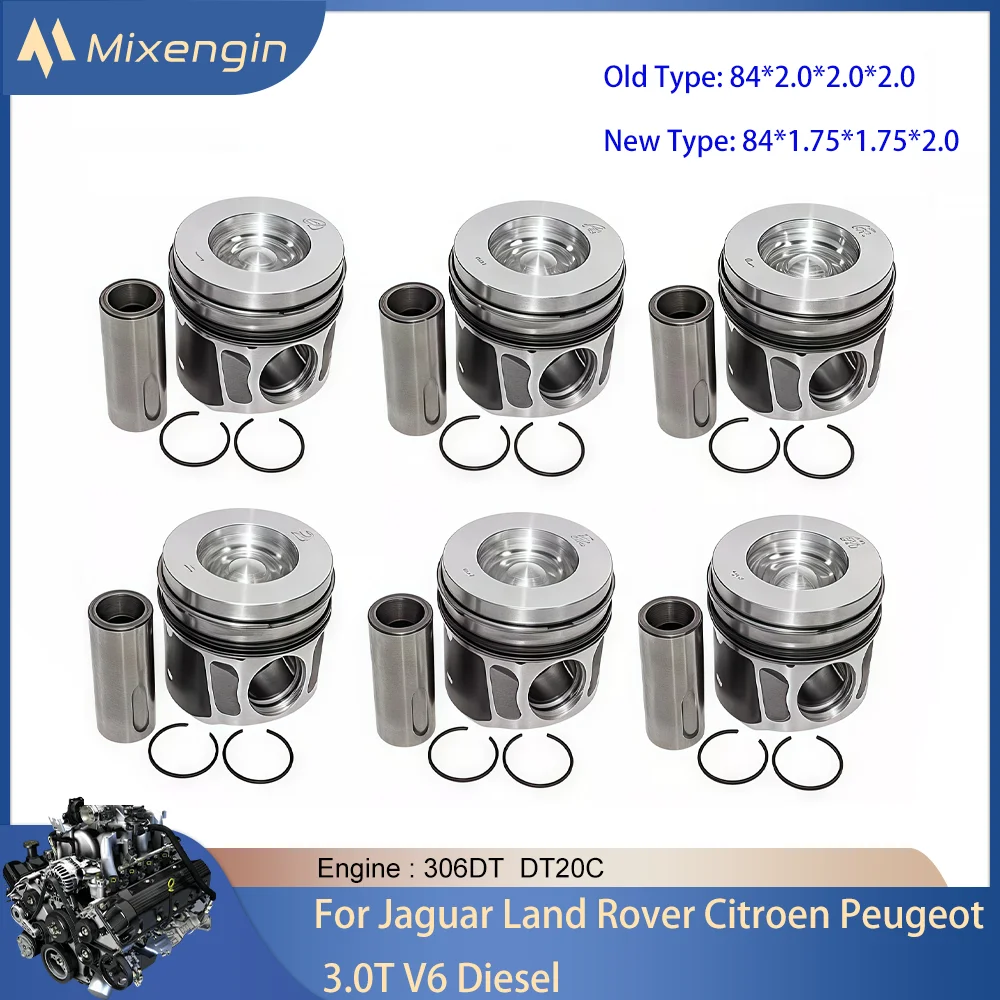 6pcs Engine Piston & ring Kit Fit 306DT DT20C 3.0 L T V6 Diesel For Jaguar F-PACE XF XF Land Rover Discovery Range Rover 3.0T