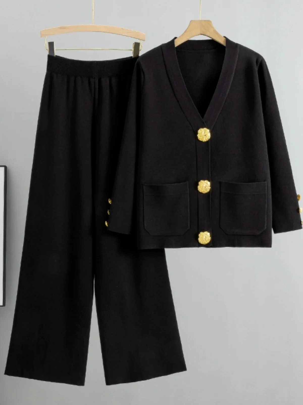 Elegant Knitted Sweater Set with Large Gold Buttons for Women Autumn Winter Wide Leg Two Piece Suite Fashionable And Stylish