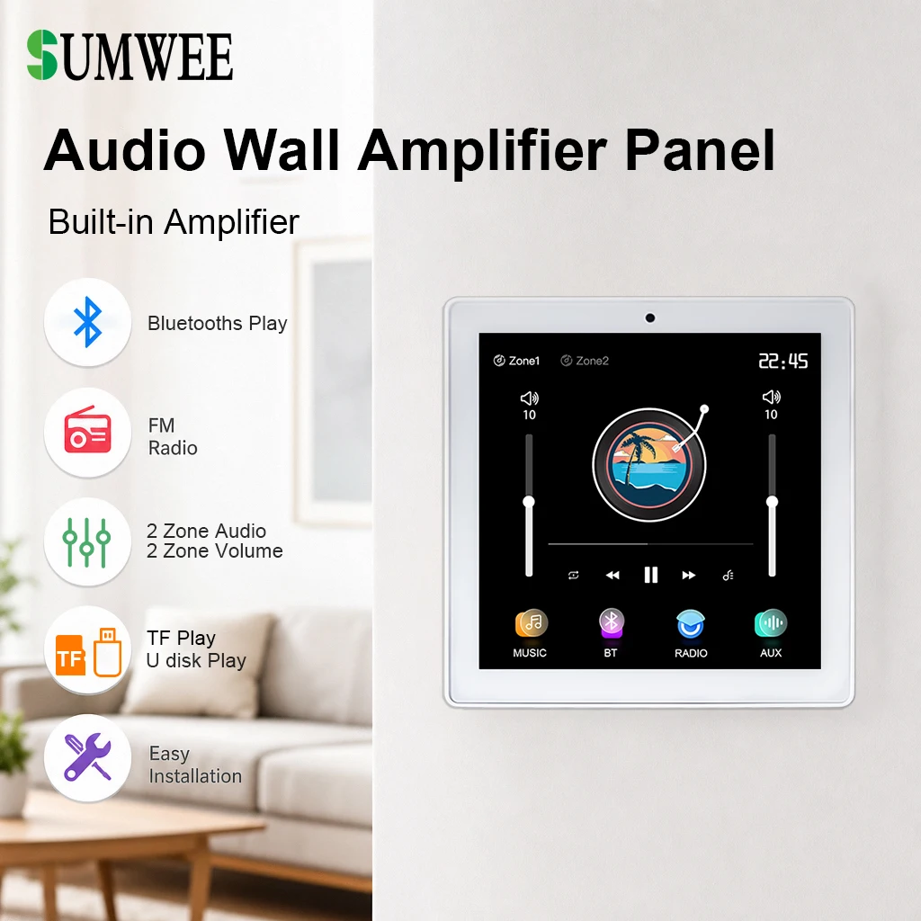 Mini Touch Screen 4*25W Stereo 2 Zone Audio Backgroud Music Panel 2 Zone Volume Sound System Bluetooths AUX FM TF Wall Amplifier