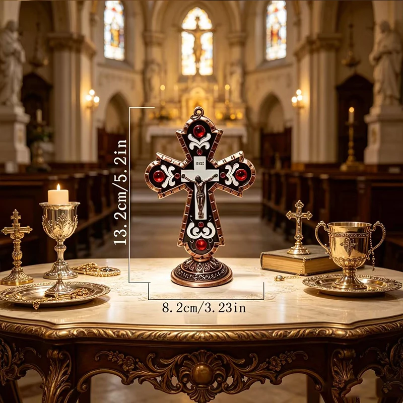 New 2026 Copper Plated Standing Crucifix with Enamel Red Crystal Religious Gift for Christian Altar Prayer and Service Use Decor