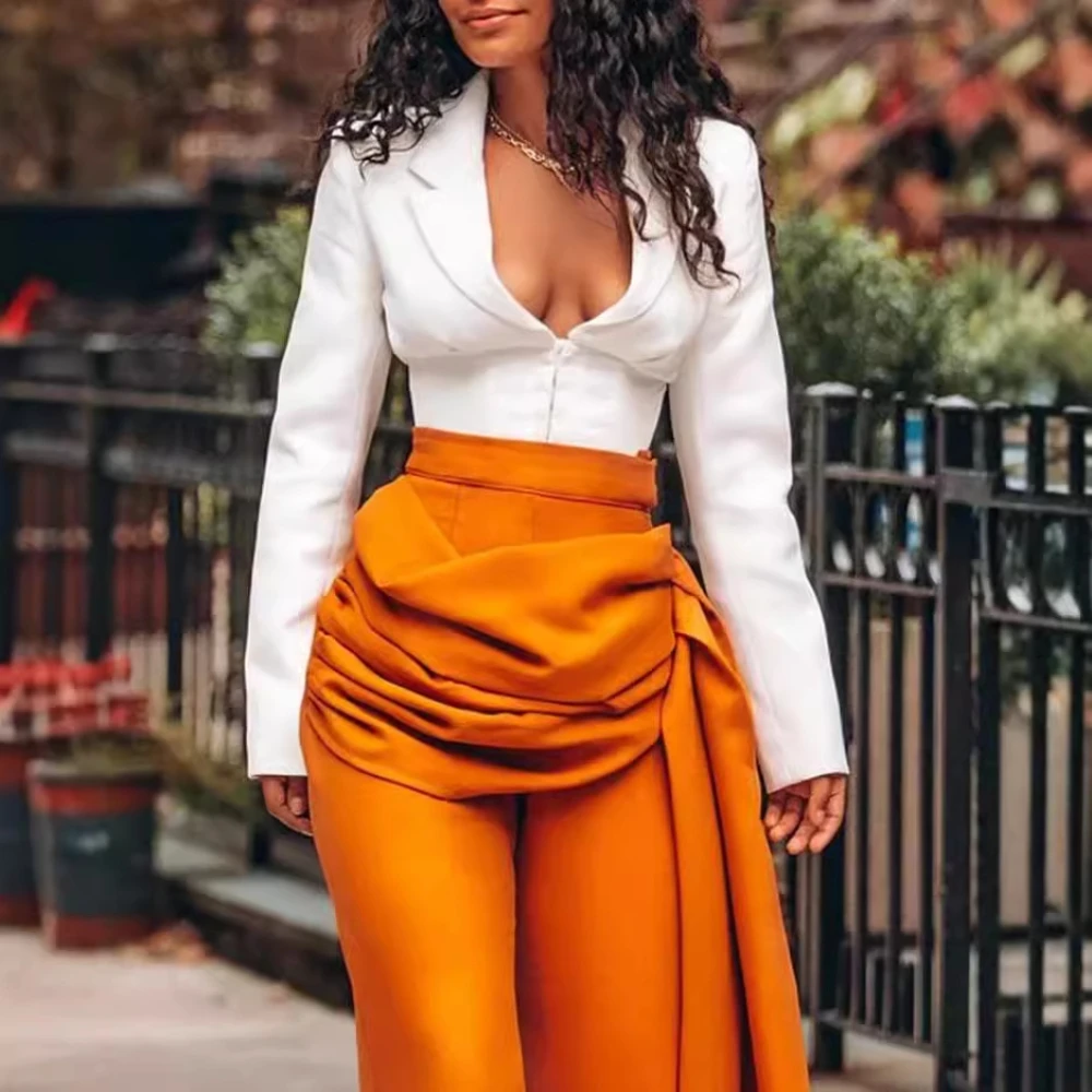 TWOTWINSTYLE Solido Set a due pezzi per le donne Scollo a V Manica lunga Impiombato Cerniera Top Pantaloni a vita alta Set di moda Abbigliamento femminile
