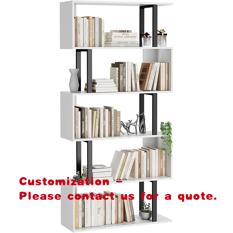 

custom.Contemporary White Wood Bookcase Black Metal Frame Asymmetrical Open Design Etagere Shelves Multi-Function Space-Saving S
