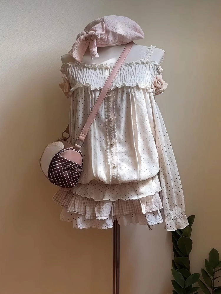 Conjunto Harajuku de 2 piezas Kawaii de lunares para mujer, Tops Vintage + faldas con forma de pastel, trajes ajustados japoneses nuevos de otoño 2025